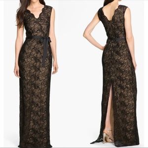 Tadashi Shoji Black Lace Over Nude Dress Maxi Belt Tie Waist Long Gown Formal 16